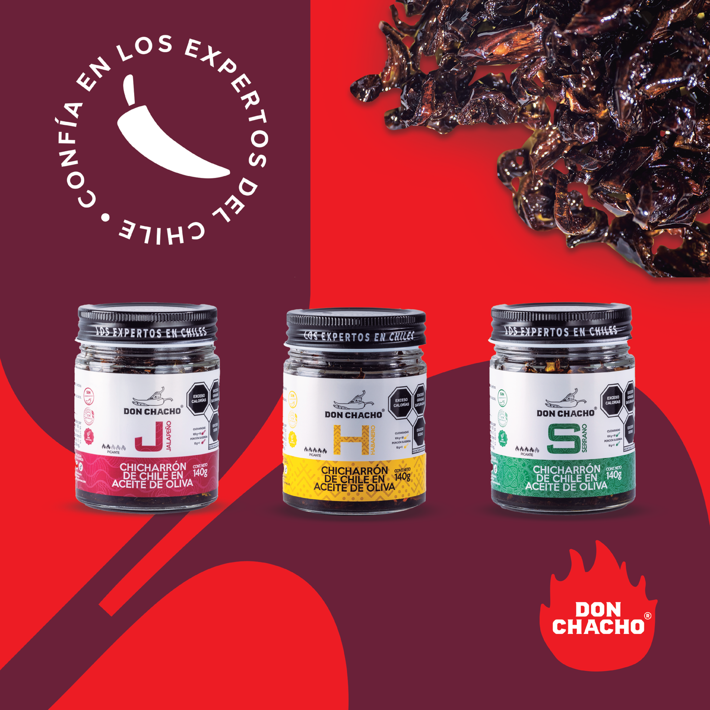 Chicharrón de Chile en Aceite de Oliva Don Chacho - 3 Pack Variado con 140 gr c/u