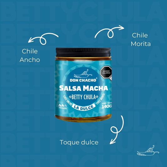 Salsa Macha La Dulce “Betty Chula”	- Hecho a base de Chile Ancho, Morita y Azúcar Morena - Disfrútalos con Tacos, Quesadillas, Ensaladas, Sushi, Pizzas o Cualquier Otro Platillo.
